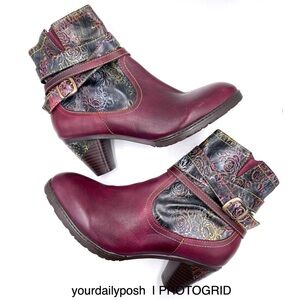Soffia violet leather floral embossed mid-calf heeled boots EU size 38